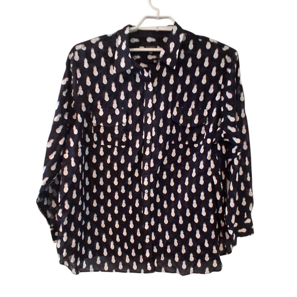 Talbots top womens 3X cotton button up lightweight navy pineapple print